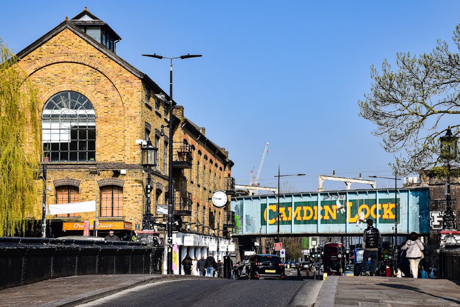 A view of a residential street in Chalk Farm, NW1, featuring a clear, narrow cobbled pavement lined with terraced houses on both sides. The buildings are a mix of white and brick façades, with potted